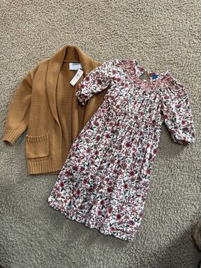 Old Navy Mustard Cardigan with Cream & Red Floral Smocked Dress